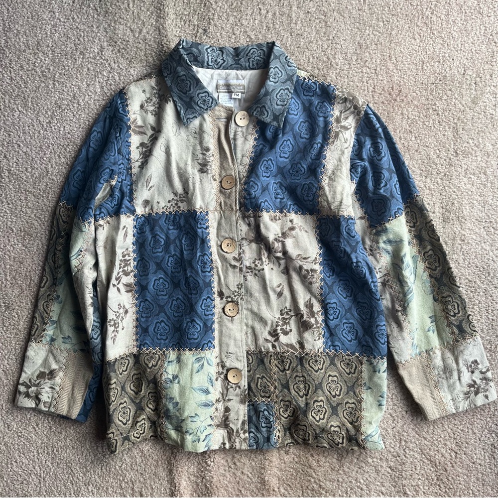 Boho Patchwork Button-Front Shirt Jacket - Blue & Cream
